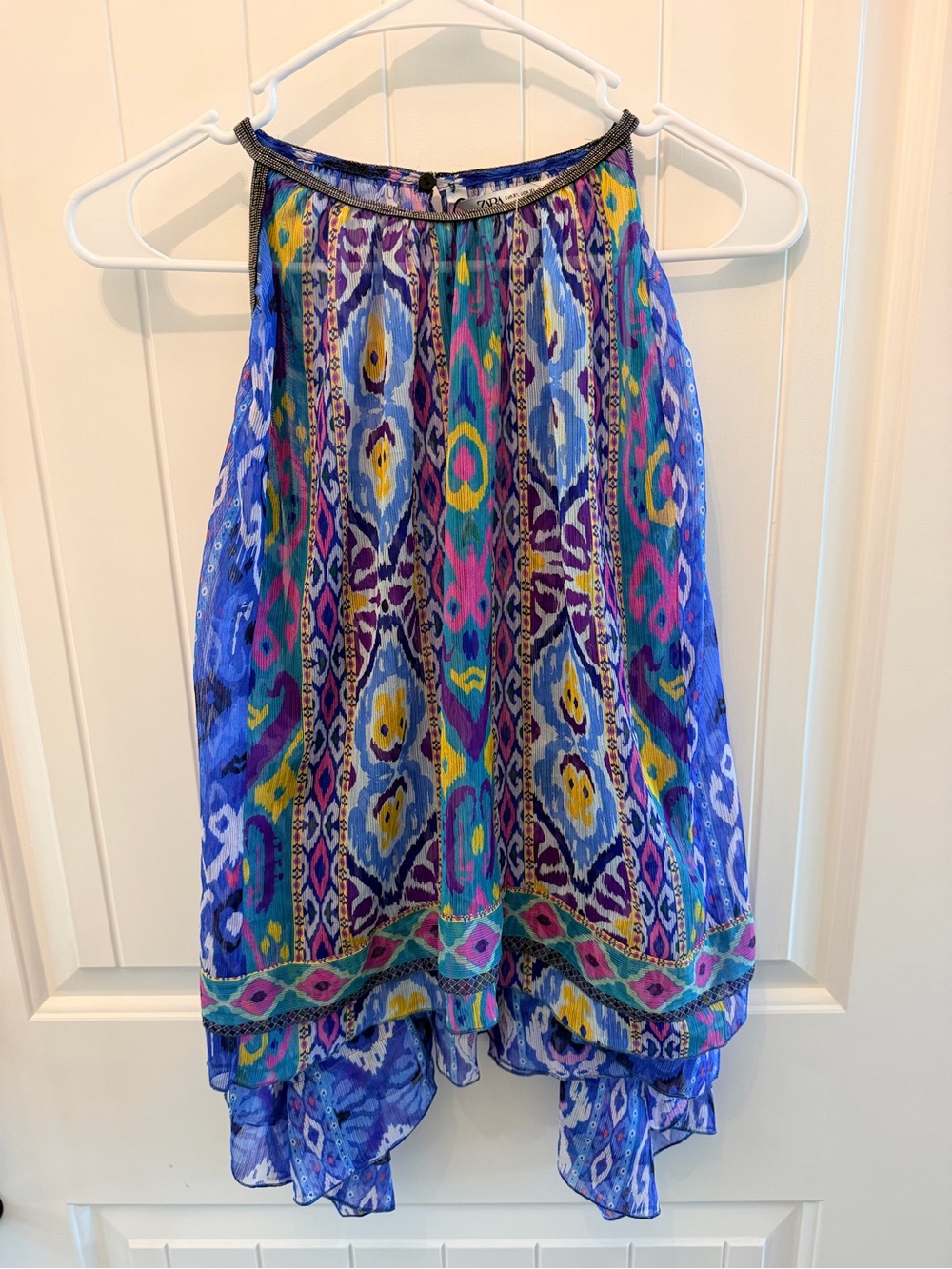 Zara Multicolor Ikat-Print High-Low Tank Top - Blue, Teal, Purple, Yellow